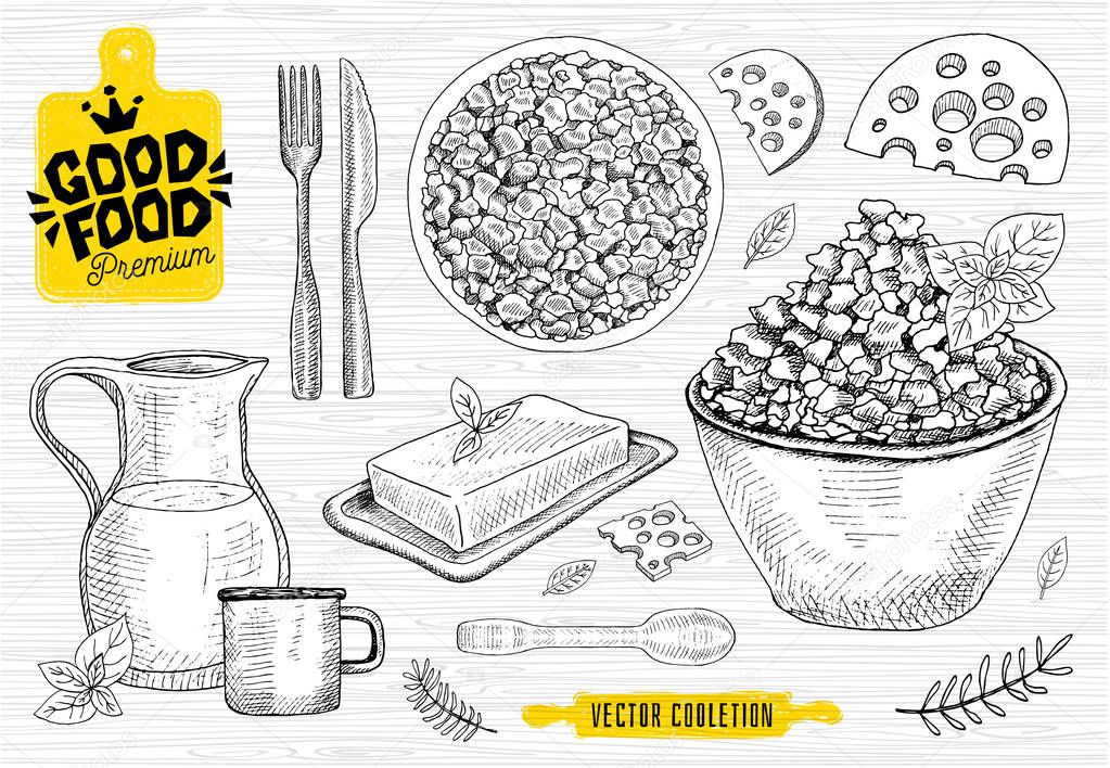 Good food premium market, logo design, cheese shop, curd, milk vector collection. Milk house products, food shop. cutting board, knife, fork, spoon, rolling pin. Hand drawn vector illustration.