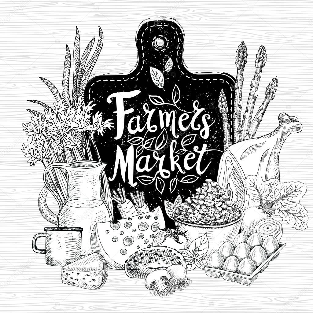 Farmers market, logo design, healthy food shop. Vegetables, fruits, meat, milk, eggs, bread. Organic food set. Good nutrition. Hand drawn vector illustration.