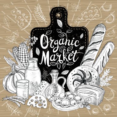Organik Pazar, logo tasarımı, sağlıklı gıda dükkanı. Sebze, meyve, et, süt, yumurta, ekmek. Organik Mama seti. İyi beslenme. Elle çizilmiş vektör.