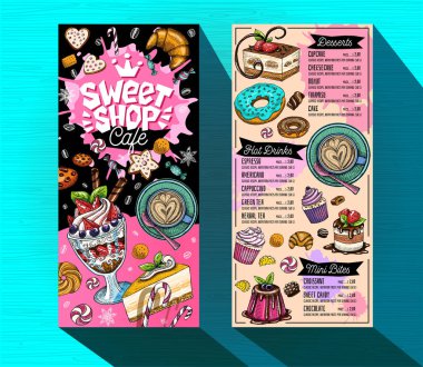 Tatlı dükkanı Cafe menü şablonu. Renkli logo tasarım etiketi, amblem. Yazı, tatlılar, hamur işi, kruvasan, şeker, çerez renkli, sıçrama, kahve, doodle, nefis. Elle çizilmiş vektör