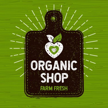 Organik dükkanı logosu, çiftlik taze gıda etiketi, kesme tahtası, ışınları, ahşap, öğeleri, amblem Eko salonu, restoranlar, organik ürünler stok vektör için
