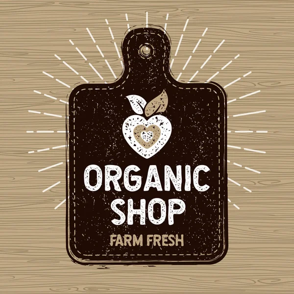 Logotipo da loja orgânica, etiqueta fresca da fazenda do alimento, placa de corte, raios, madeira, elementos, emblema para a eco loja, restaurantes, vetor conservado em estoque dos produtos orgânicos —  Vetores de Stock