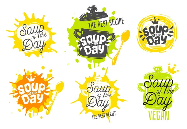 Soup of the day, sketch style cooking lettering icons set. For badges, labels, logo, restaurant, menu, kitchen classes, cafe, food studio. — Stock Vector