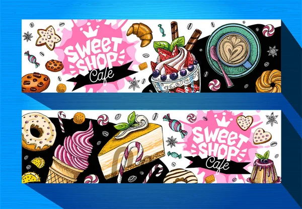 Modèle de bannières de café Sweet Shop. Étiquettes de bonbons colorées, emblème. Lettrage, design, pâtisserie, croissant, bonbons, biscuits, colorés, éclaboussures, café, doodle, délicieux. Vecteur dessiné à la main — Image vectorielle