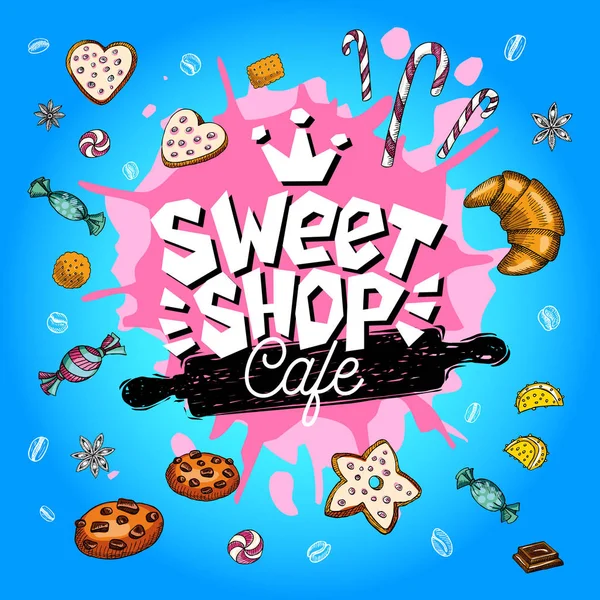 Sweet shop cafe logo design label, emblem. Lettering, sweets, pastry, rolling pin, candy, cookie colorful, splash, coffee beans, doodle, yummy. Hand drawn vector — Stock Vector