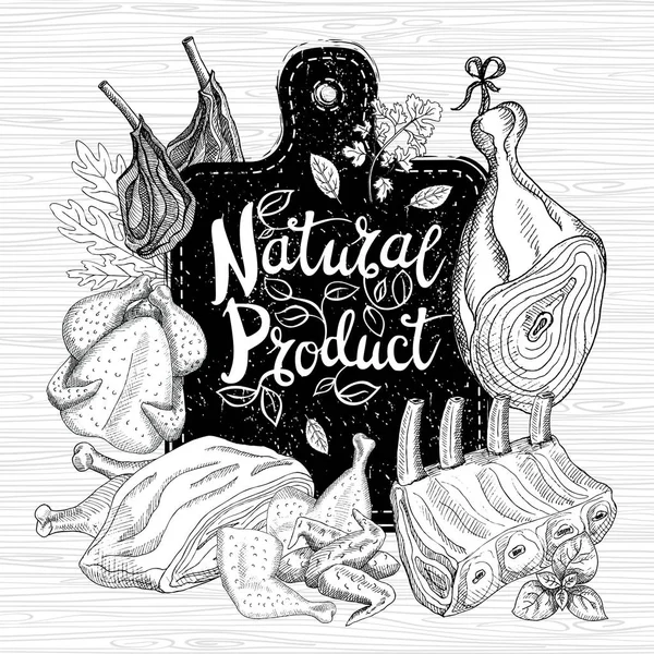 Natural product organic fresh market, logo design, healthy food shop. Meat, milk, eggs, meat, steaks, pork, beef, chicken, legs, wings, ham, bacon. — Stock Vector