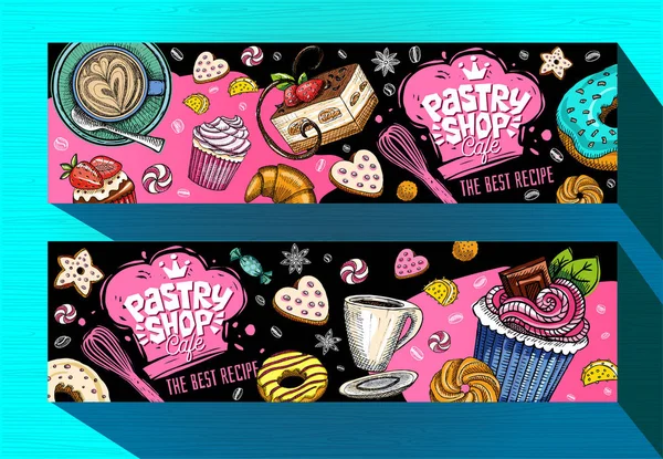 Pasta Dükkanı Kafe afiş şablon. Renkli tatlılar etiketleri, amblem. Yazı, tatlı, kruvasan, çikolata, çerez, renkli, sıçrama, kahve, doodle, lezzetli tasarım. Elle çizilmiş vektör — Stok Vektör