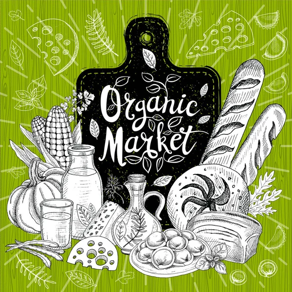 Βιολογική αγορά, Σχεδιασμός λογότυπου, κατάστημα υγιεινής διατροφής. Λαχανικά, φρούτα, κρέας, γάλα, αυγά, ψωμί. Σύνολο βιολογικών τροφίμων. Η καλή διατροφή. Χέρι συρμένο διάνυσμα. — Διανυσματικό Αρχείο