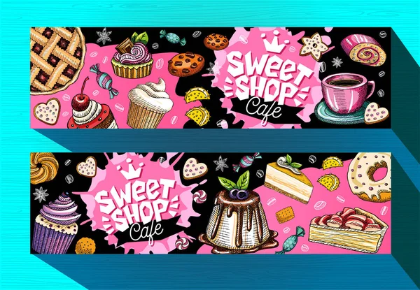 Snoepwinkel café banners sjabloon. Kleurrijke snoep etiketten, embleem. Belettering, ontwerp, gebak, croissants, candy, cookie, kleurrijk, splash, koffie, doodle, lekker. Hand getekende vector — Stockvector