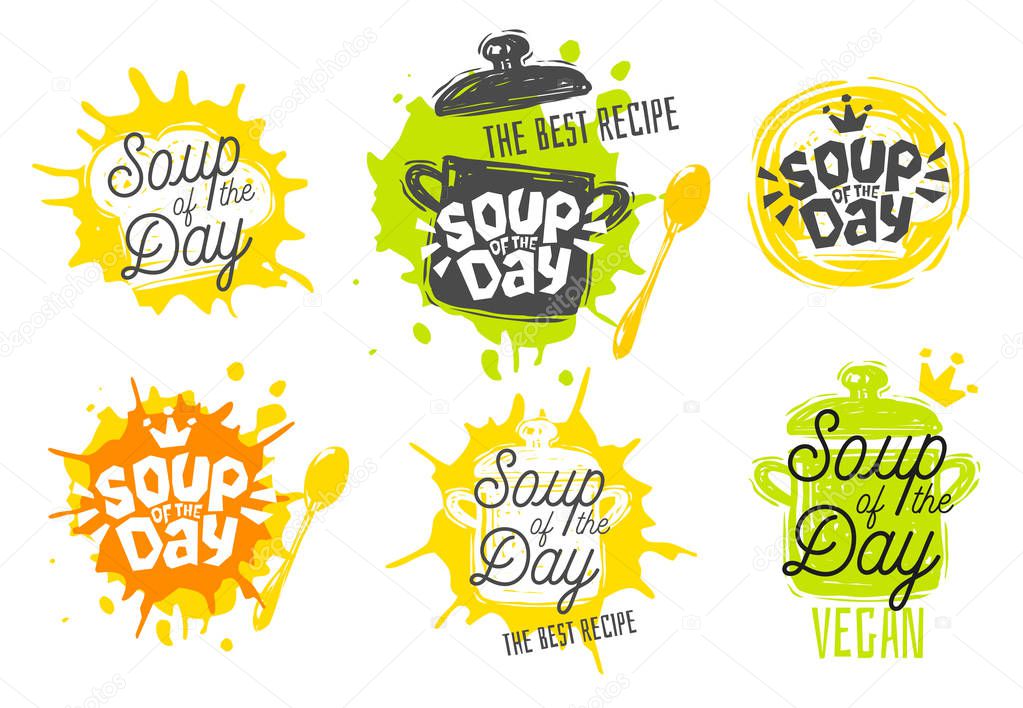 Soup of the day, sketch style cooking lettering icons set. For badges, labels, logo, restaurant, menu, kitchen classes, cafe, food studio. Hand drawn vector illustration.