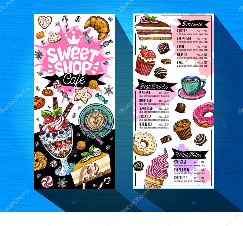 Sweet shop cafe menu template. Colorful logo design label, emblem. Lettering, sweets, pastry, croissant, candy, cookie colorful, splash, coffee, doodle, yummy. Hand drawn vector illustration