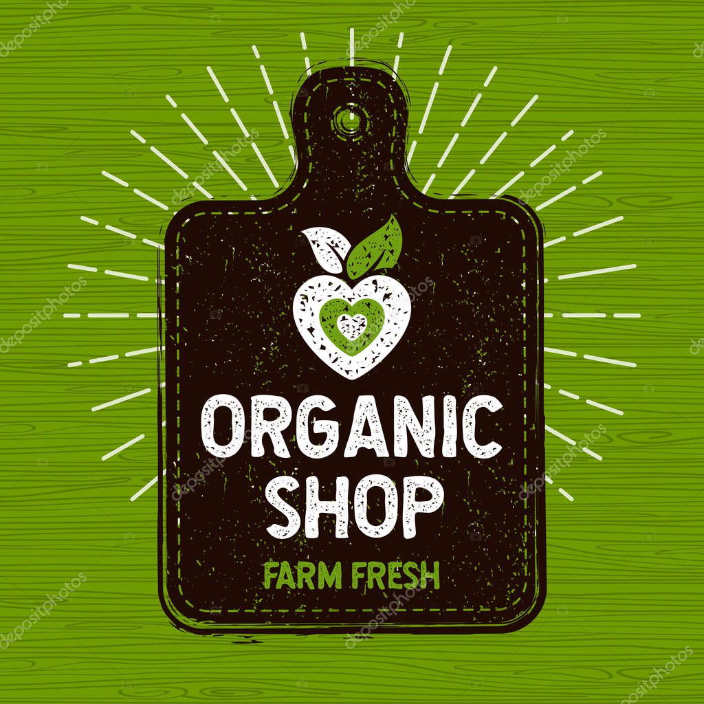 Organic shop logo, farm fresh food label, cutting board, rays, wood, elements, emblem for eco shop, restaurants, organic products stock vector illustration
