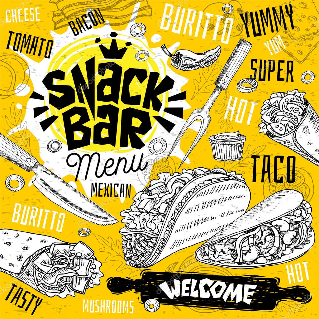 Snack bar cafe restaurant menu. Mexican, Taco, burrito fast food poster cards for bar cafe. Design template, logo, emblem, sign, crown, welcome vintage