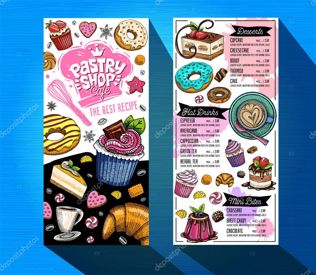 Pastry shop cafe menu template. Colorful logo design label, emblem. Lettering, sweets, cakes, croissant, candy, cookie colorful, splash, coffee, doodle, yummy. Hand drawn vector