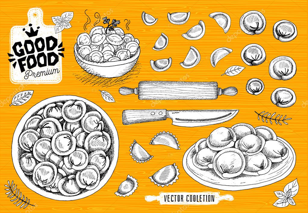 Vareniki. Pelmeni. Meat dumplings. Food. Cooking. National dishes. Products from the dough and meat. Good food premium market, logo design, shop, hand drawn vector collection.