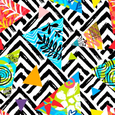 Kesintisiz renkli etnik Fırça kontur deseni. Tropikal çiçek geometrik dalgalı çizgiler arka plan tasarım yapraklar. Çizilmiş vektör çizim el