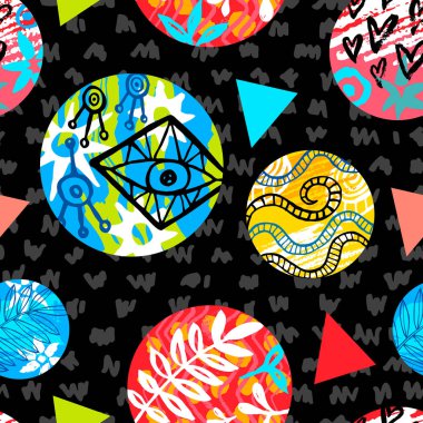 Kesintisiz renkli etnik Fırça kontur deseni. Tropikal çiçek geometrik dalgalı çizgiler arka plan tasarım yapraklar. Çizilmiş vektör çizim el