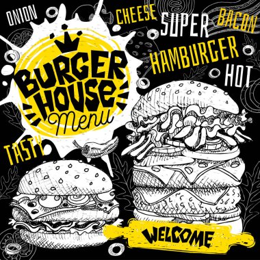 Burger house cafe restoran menü. Vektör hamburger lokanta el ilanı kartları için kafe bar. Tasarım şablonu, logo, amblem, işaret, taç, hoş geldiniz vintage elle çizilmiş vektör çizimler.
