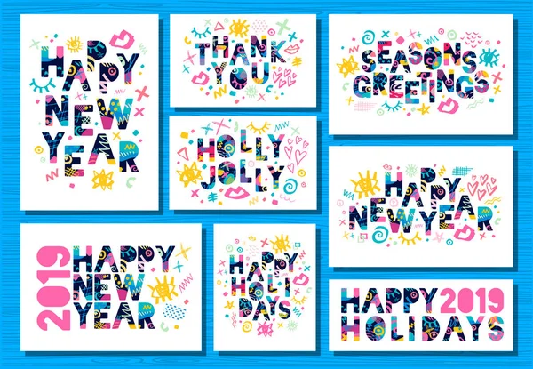 新年快乐 2019, 圣诞快乐贺卡, 横幅, 宣传册, 传单, 派对, 节日请柬, 企业庆典。五颜六色的手绘向量例证 — 图库矢量图片