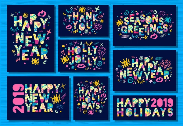 幸せな新しい年 2019、メリー クリスマスのグリーティング カード、バナー、パンフレット、フライヤー、パーティー、クリスマス招待状、企業お祝い。カラフルな手描きベクトル図 — ストックベクタ