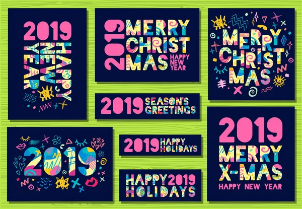 З Новим 2019 роком, веселих різдвяних вітальних листівок, банерів, брошур, флаєрів, вечірок, святкових запрошень, корпоративних свят. Барвиста намальована рука Векторні ілюстрації — стоковий вектор