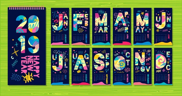 Modèle de calendrier mensuel mural 2019. Modèle de calendrier mensuel vertical, typographie de lettrage . — Image vectorielle