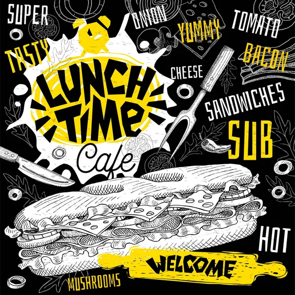 Lunch time cafe restaurant menu. Vector sub sandwiches fast food flyer cards for bar cafe. Design template, logo, emblem, sign, crown, welcome vintage hand drawn vector illustrations. — Stock Vector