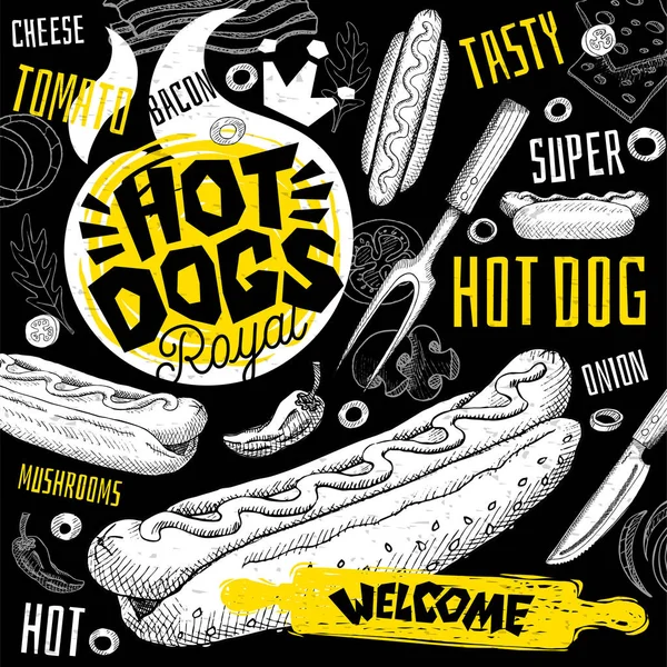 Menú del restaurante Hot Dog Café. Vector sub sándwiches tarjetas volante de comida rápida para bar café. Plantilla de diseño, logotipo, emblema, signo, corona, ilustraciones de vectores dibujados a mano vintage de bienvenida . — Archivo Imágenes Vectoriales