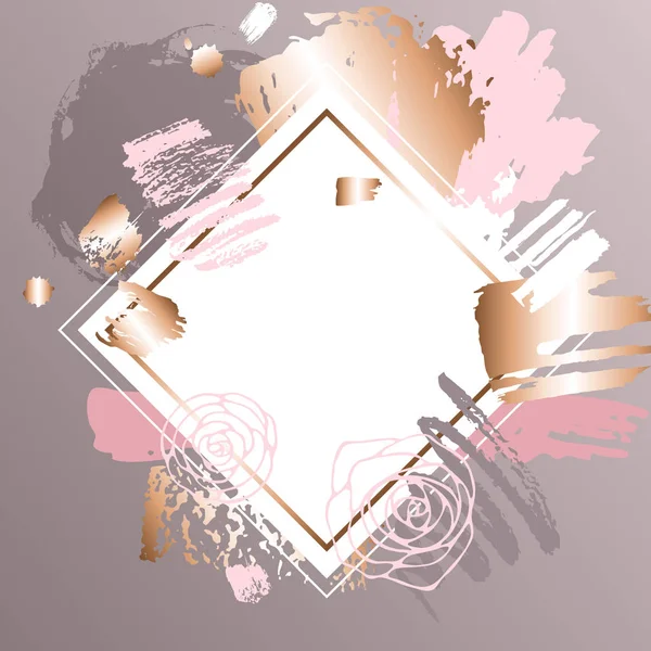 Golden pink art frames. Modern card design, brush stroke, gold, premium brochure, flyer, invitation template. Pastel rose colors brush strokes, pink gold contour square frame. — Stock Vector