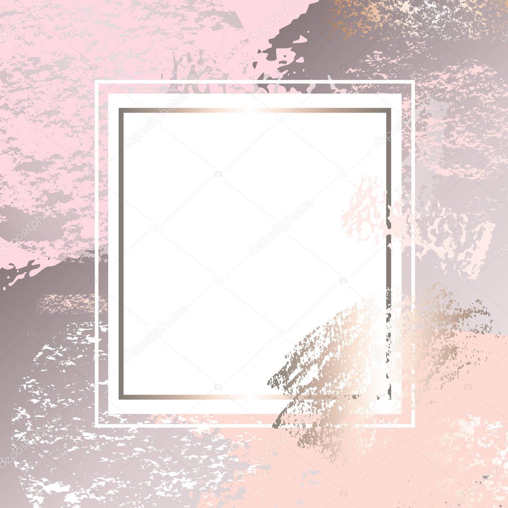 Golden pink art frames. Modern card design, brush stroke, gold, premium brochure, flyer, invitation template. Pastel rose colors brush strokes, pink gold contour square frame.