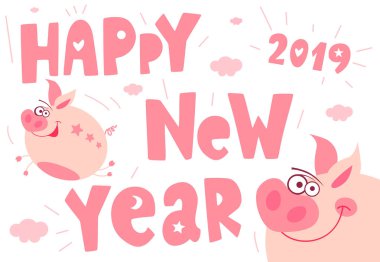 Sevimli çizgi domuzcuk komik karakter, uçan, gülümseme, burun, kalp, domuzcuk, pembe. Tebrik kartları, yazı, Asya maskot yıl, domuz tasarım Çin yeni yılı 2019 sembolü. Çizilmiş vektör çizim el.