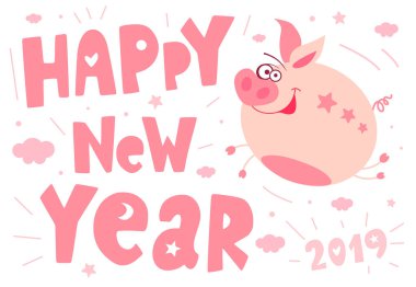 Sevimli çizgi domuzcuk komik karakter, uçan, gülümseme, burun, kalp, domuzcuk, pembe. Tebrik kartları, yazı, Asya maskot yıl, domuz tasarım Çin yeni yılı 2019 sembolü. Çizilmiş vektör çizim el.