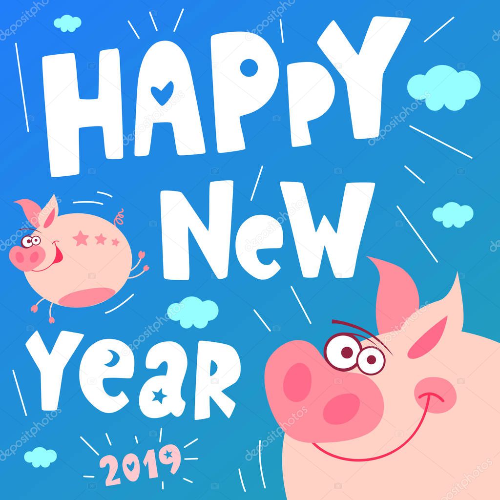 Cute Flying Funny Piggy Happy New Year Pig Chinese Symbol Of The 19 Year Greeting Festive Gift Card Vector Illustration Hand Drawn Larastock