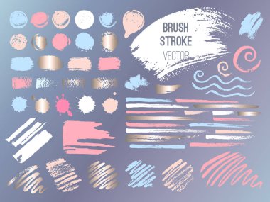 Kontur spot altın pembe blog ayarlayın. Fırça, kalem, marker, tebeşir, fırça darbesi, çizgiler, noktalar, altın. Vektör sıkıntılı grunge modern dokulu fırça darbesi. Kuru Fırça