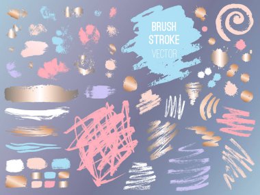 Kontur spot altın pembe blog ayarlayın. Fırça, kalem, marker, tebeşir, fırça darbesi, çizgiler, noktalar, altın. Vektör sıkıntılı grunge modern dokulu fırça darbesi. Kuru Fırça