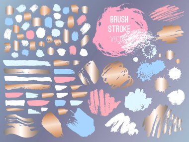 Kontur spot altın pembe blog ayarlayın. Fırça, kalem, marker, tebeşir, fırça darbesi, çizgiler, noktalar, altın. Vektör sıkıntılı grunge modern dokulu fırça darbesi. Kuru Fırça