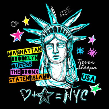 New York, t gömlek tasarım, poster, baskı, heykel özgürlük yazı, harita, tee gömlek grafik, trendy, Kuru fırça darbesi, marker, renkli kalem, mürekkep, suluboya. Çizilmiş vektör çizim el.