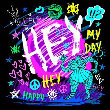 Hey lettering t shirt design, poster, print, funny, girl, tee shirt graphics, trendy, dry brush stroke, marker, color pen, ink, neon. May day type slogan hearts stars. clipart