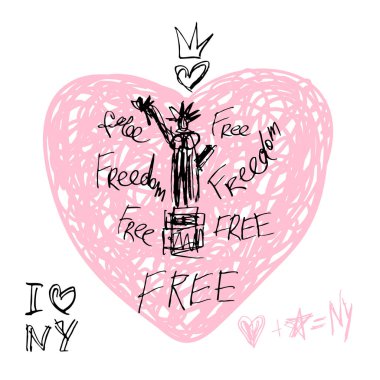 New York, t gömlek tasarım, poster, baskı, heykel özgürlük yazı, harita, tee gömlek grafik, trendy, Kuru fırça darbesi, marker, renkli kalem, mürekkep, suluboya. Çizilmiş vektör çizim el.