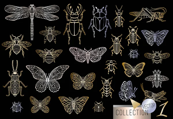 Grande linea d'oro disegnata a mano serie di insetti insetti, coleotteri, api mellifere, farfalla, falena, calabrone, vespa, libellula, cavalletta. Silhouette vintage oro argento schizzo stile vettoriale illustrazione — Vettoriale Stock