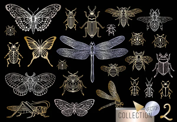 Große handgezeichnete goldene Linie mit Insekten Käfer, Käfer, Honigbienen, Schmetterling, Motte, Hummel, Wespe, Libelle, Heuschrecke. Silhouette Vintage Gold Silber Skizze Stil Vektor Illustration — Stockvektor