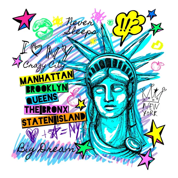 Nueva York, diseño de camiseta, póster, impresión, estatua de la libertad de letras, mapa, gráficos camiseta, de moda, trazo de cepillo seco, marcador, pluma de color, tinta, acuarela. Ilustración vectorial dibujada a mano . — Vector de stock