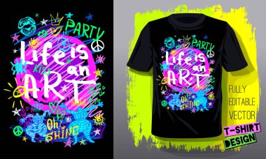 Trendy t-shirt şablon, moda t gömlek tasarımı, parlak, yaz, serin sloganı yazı. Renk kalem, marker, mürekkep, kalem karalamalar kroki tarzı. El çizilen illüstrasyon vektör.