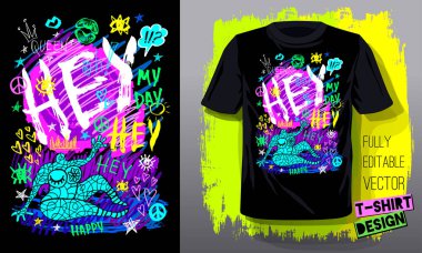 Hey mutlu. Trendy t-shirt şablon, moda t gömlek tasarımı, parlak, yaz, serin sloganı yazı. Renk kalem, marker, mürekkep, kalem karalamalar kroki tarzı. El çizilen illüstrasyon vektör.