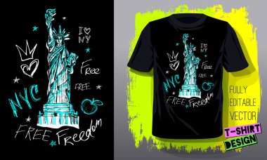New York, şehir, Amerikan özgürlük, Özgürlük Anıtı. Trendy t-shirt şablon, moda t gömlek tasarımı, parlak, yaz, serin sloganı yazı. Renk kalem, marker, mürekkep, kalem karalamalar kroki tarzı.