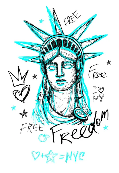 New York city statue of liberty, freedom, poster, t shirt, sketch style lettering, trendy graphic dry brush stroke, marker, color pen, ink America usa, NYC, NY. Doodle hand drawn vector illustration. — Stock Vector