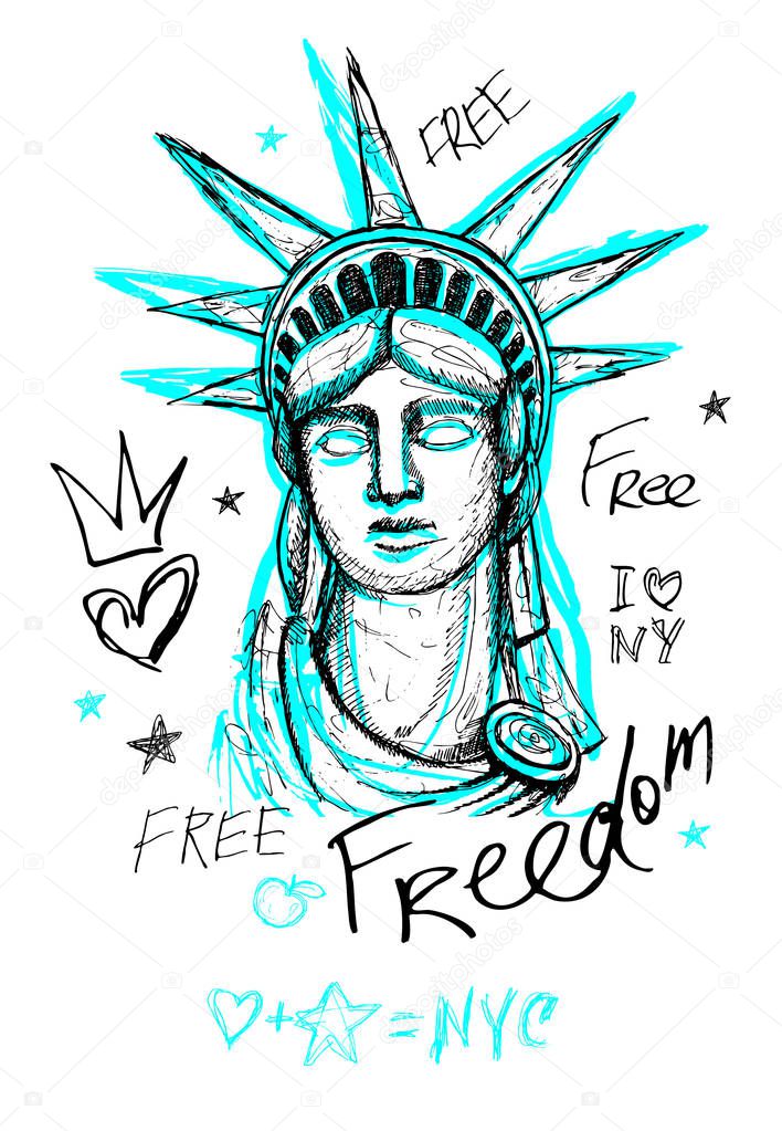 New York city statue of liberty, freedom, poster, t shirt, sketch style lettering, trendy graphic dry brush stroke, marker, color pen, ink America usa, NYC, NY. Doodle hand drawn vector illustration.