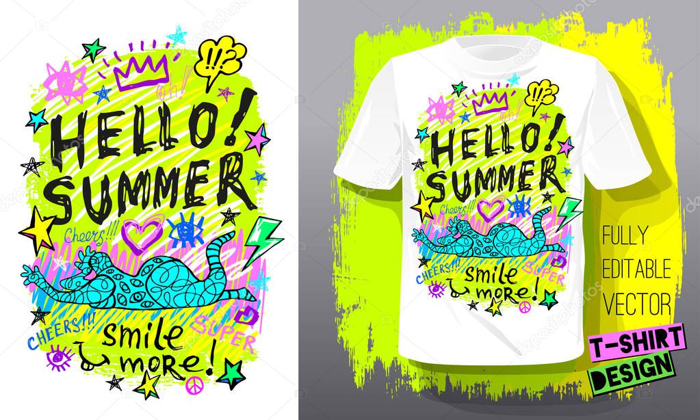 Hello Summer. Trendy t-shirt template, fashion t shirt design, bright, summer, cool slogan lettering. Color pencil, marker, ink, pen doodles sketch style. Hand drawn illustration vector.