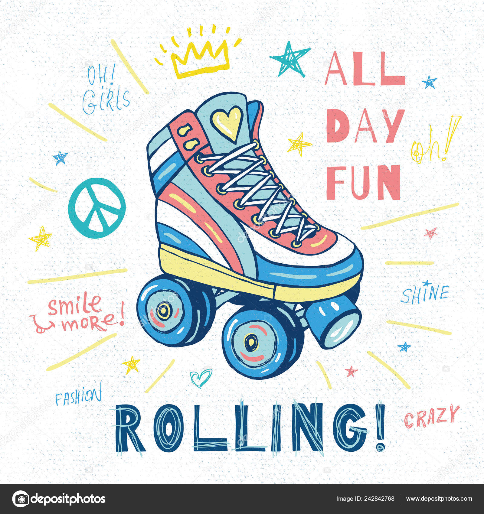 Rollers, girls, ride, skate board sketch style doodles cool lettering
