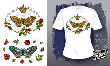 Kelebek güve altın nakış Kraliçe taç tekstil kumaş t gömlek tasarım altın kanatlar böcek lüks moda yazı stili elle çizilmiş vektör çizim işlemeli